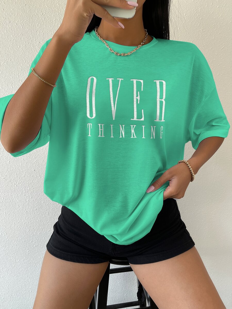 SHEIN Unity Drop Shoulder Letter Embroidery Top - Green - View 1