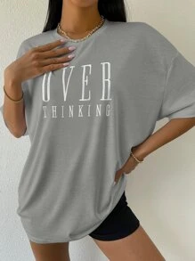 SHEIN Unity Drop Shoulder Letter Embroidery Top - Light Grey - View 4