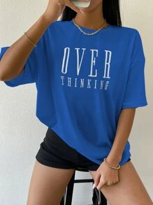 SHEIN Unity Drop Shoulder Letter Embroidery Top - Royal Blue - View 4