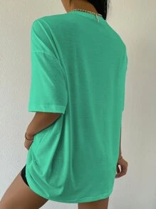 SHEIN Unity Drop Shoulder Letter Embroidery Top - Green - View 2