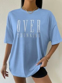 Flirla Drop Shoulder Letter Embroidery Top Graphic Tees Women Tops - Baby Blue - View 5