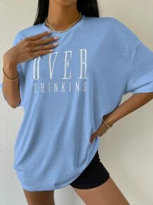 Flirla Drop Shoulder Letter Embroidery Top Graphic Tees Women Tops - Baby Blue - View 6