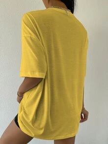SHEIN Unity Drop Shoulder Letter Embroidery Top Graphic Tees Women Tops - Yellow - View 2