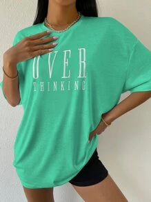 SHEIN Unity Drop Shoulder Letter Embroidery Top - Green - View 3