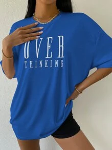 SHEIN Unity Drop Shoulder Letter Embroidery Top - Royal Blue - View 5