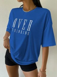 SHEIN Unity Drop Shoulder Letter Embroidery Top - Royal Blue - View 6