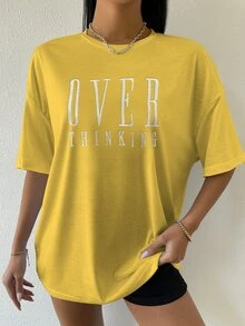 SHEIN Unity Drop Shoulder Letter Embroidery Top Graphic Tees Women Tops - Yellow - View 3