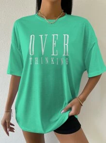SHEIN Unity Drop Shoulder Letter Embroidery Top - Green - View 4
