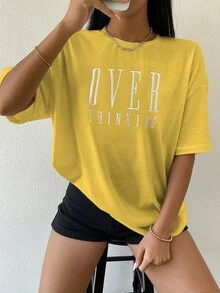 SHEIN Unity Drop Shoulder Letter Embroidery Top Graphic Tees Women Tops - Yellow - View 4