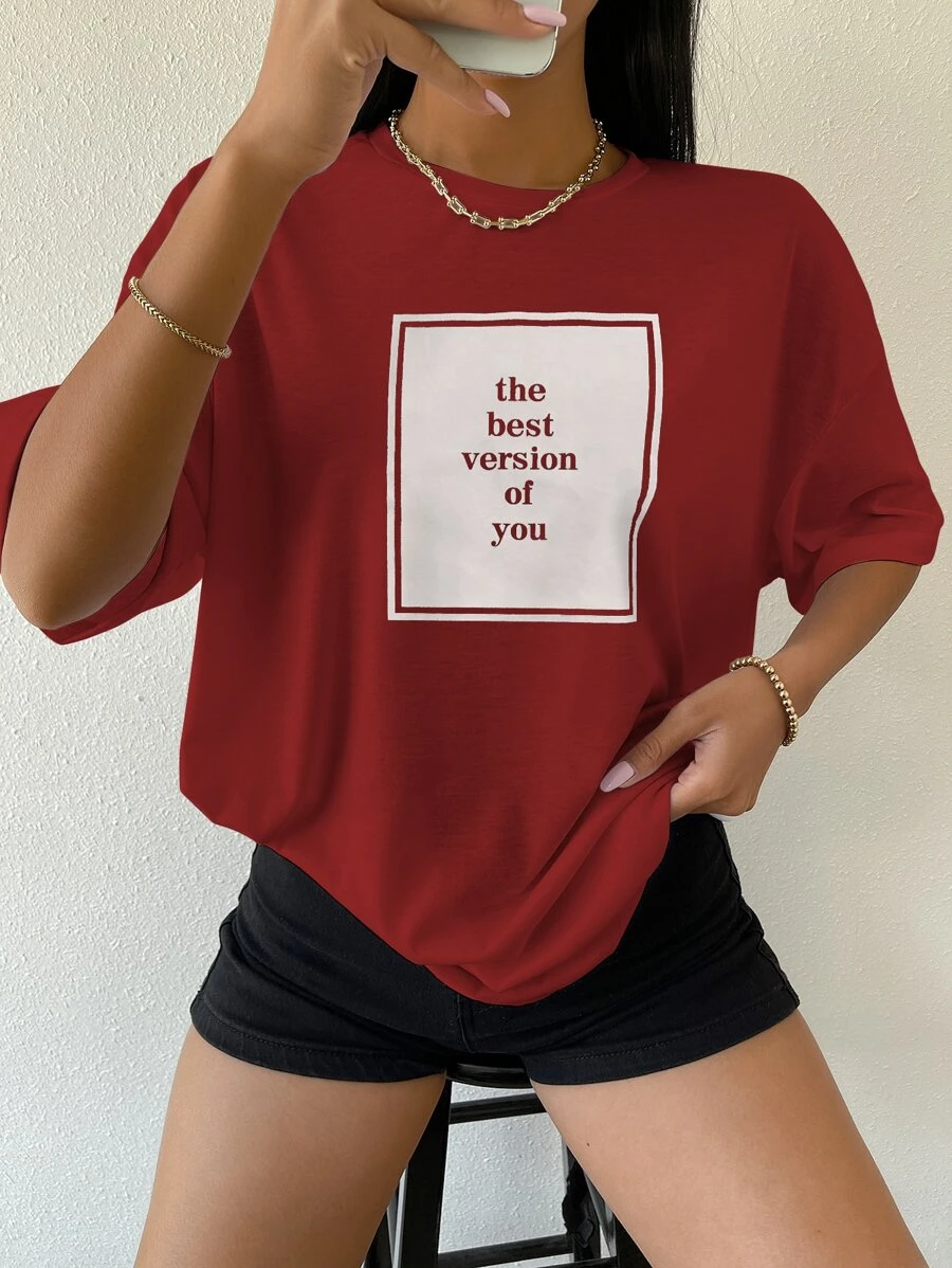 SHEIN Essnce Slogan Graphic Drop Shoulder Tee - Burgundy - View 1