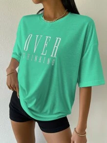SHEIN Unity Drop Shoulder Letter Embroidery Top - Green - View 6