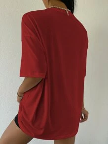 SHEIN Essnce Slogan Graphic Drop Shoulder Tee - Burgundy - View 2