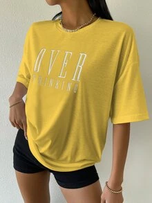SHEIN Unity Drop Shoulder Letter Embroidery Top Graphic Tees Women Tops - Yellow - View 6