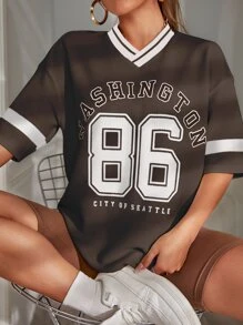 SHEIN Unity Drop Shoulder Letter & Number Print Tee - Coffee Brown - View 1