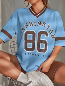 SHEIN Unity Drop Shoulder Letter & Number Print Tee - Blue - View 1