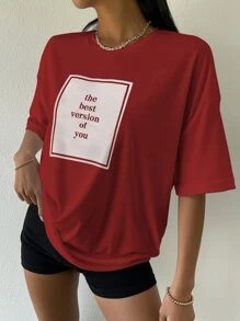 SHEIN Essnce Slogan Graphic Drop Shoulder Tee - Burgundy - View 6