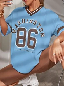 SHEIN Unity Drop Shoulder Letter & Number Print Tee - Blue - View 6