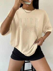 SHEIN Unity Drop Shoulder Letter Embroidery Top - Apricot - View 1