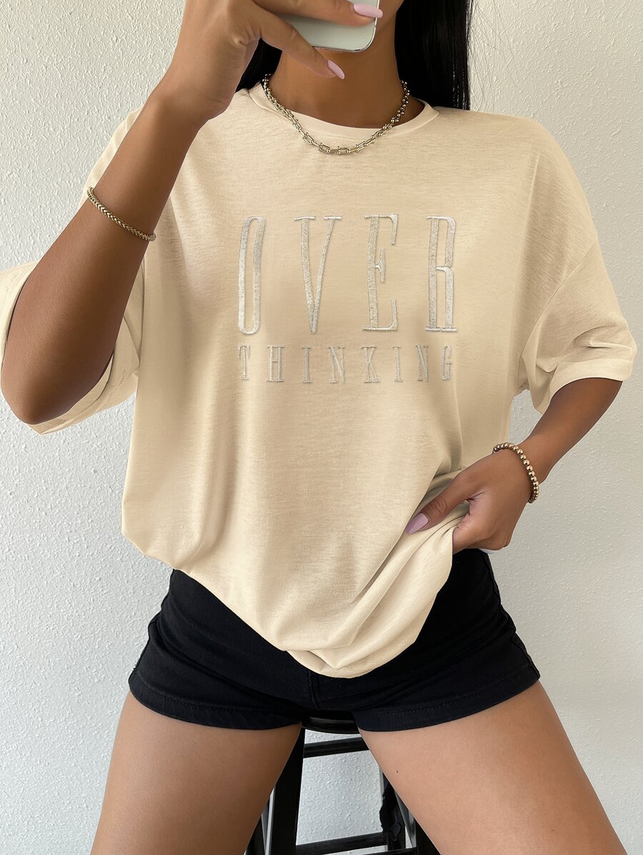 SHEIN Unity Drop Shoulder Letter Embroidery Top - Apricot - View 1