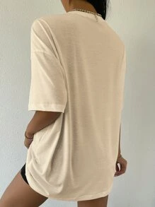 SHEIN Unity Drop Shoulder Letter Embroidery Top - Apricot - View 2