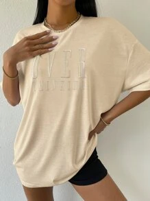 SHEIN Unity Drop Shoulder Letter Embroidery Top - Apricot - View 3