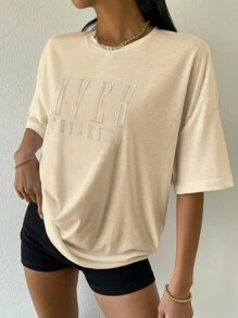 SHEIN Unity Drop Shoulder Letter Embroidery Top - Apricot - View 4