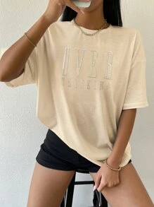 SHEIN Unity Drop Shoulder Letter Embroidery Top - Apricot - View 6