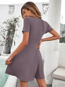 SHEIN Clasi Solid Surplice Neck Dress - Mauve Purple - View 2