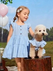 1 pieza Vestido de mascota unido en contraste para perro y gato para verano - Celeste - Ver 2