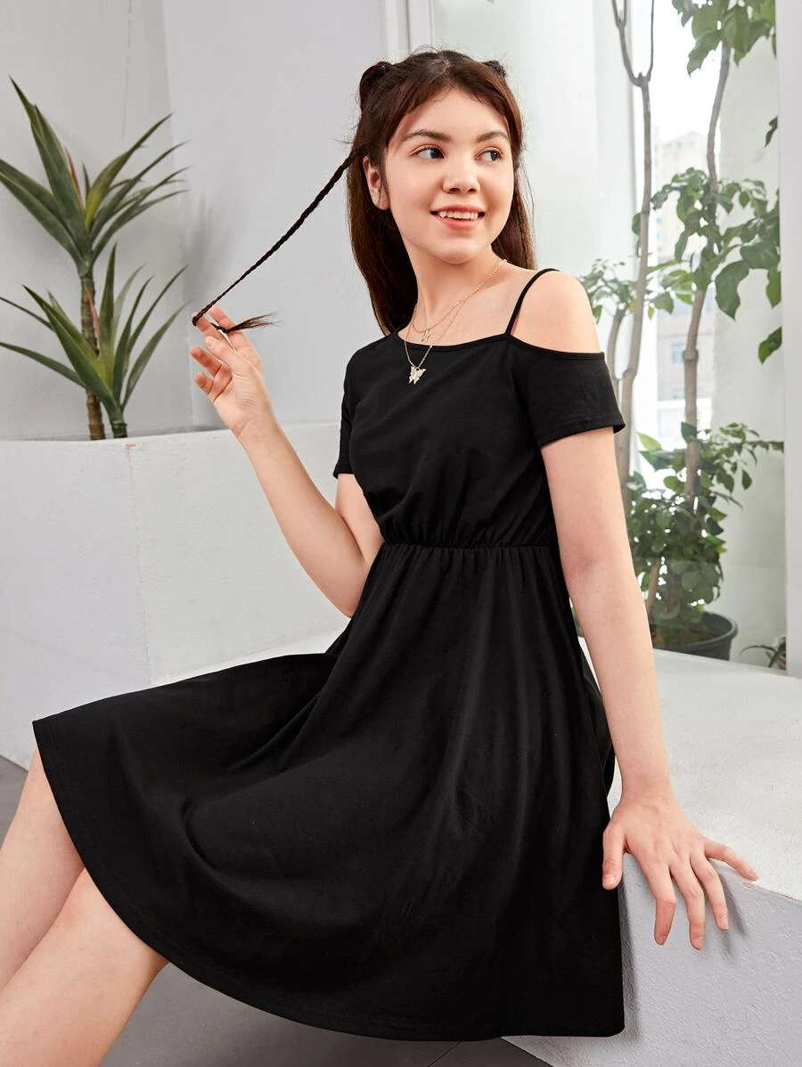 SHEIN Teen Girls Asymmetrical Neck Solid Dress - Black - View 1