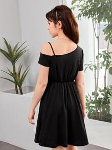 SHEIN Teen Girls Asymmetrical Neck Solid Dress - Black - View 5