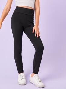 SHEIN 女孩反光卡通臉圖案緊身打底褲 - 黑色 - 查看 3