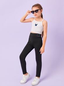 SHEIN 女孩反光卡通臉圖案緊身打底褲 - 黑色 - 查看 5