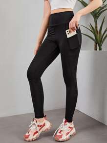 SHEIN Teen Girls Solid Leggings With Phone Pocket - Black - View 1