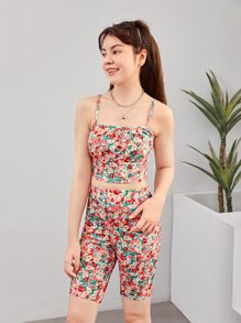 SHEIN Teen Girls Allover Floral Print Crop Cami Top & Biker Shorts