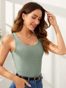 SHEIN Essnce Solid Eyelet Embroidered Tank Top - Green - View 4