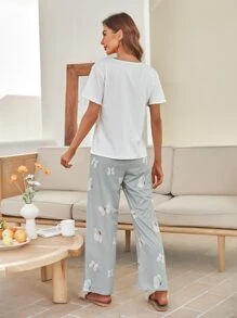 Butterfly Print Tee & Pants PJ Set / Pajama Set - Multicolor - View 2