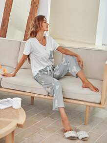 Butterfly Print Tee & Pants PJ Set / Pajama Set - Multicolor - View 5