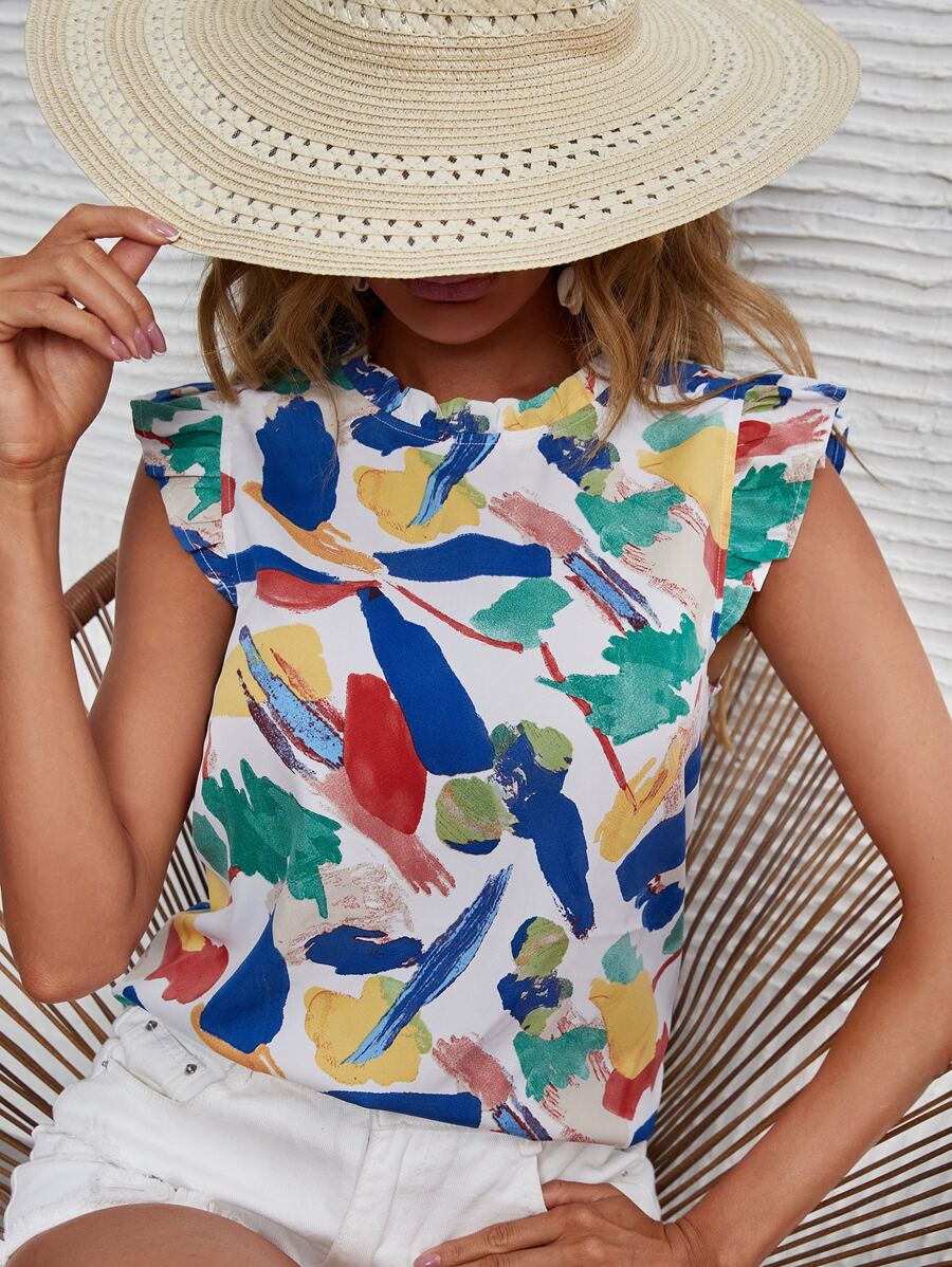 SHEIN Clasi Áo sơ mi nữ Nút viền lá sen Xù Đồ họa Boho - Nhiều màu - Xem 1
