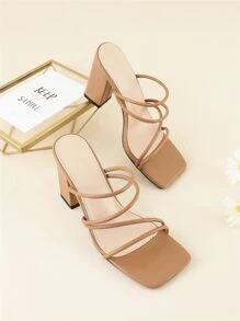 Thin Strap Chunky Heeled Mule Sandals - Brown - View 1