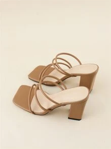 Thin Strap Chunky Heeled Mule Sandals - Brown - View 2