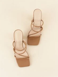 Thin Strap Chunky Heeled Mule Sandals - Brown - View 3