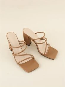 Thin Strap Chunky Heeled Mule Sandals - Brown - View 4
