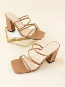 Thin Strap Chunky Heeled Mule Sandals - Brown - View 5