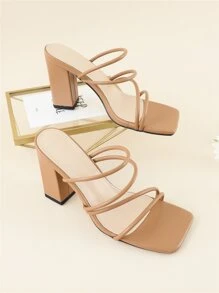 Thin Strap Chunky Heeled Mule Sandals - Brown - View 6