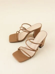 Thin Strap Chunky Heeled Mule Sandals - Brown - View 7