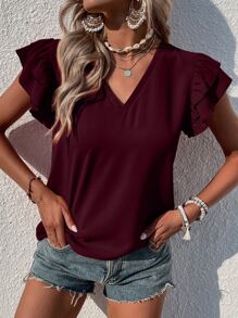 SHEIN LUNE Blusa unicolor de manga mariposa - Burdeos - Ver 3
