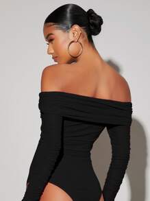 SHEIN BAE Twist Front Off Shoulder Mesh Bodysuit - Black - View 2