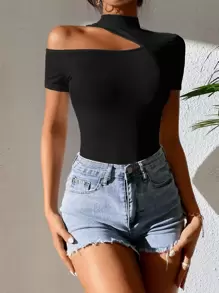 SHEIN PETITE Asymmetrical Neck Rib Knit Tee