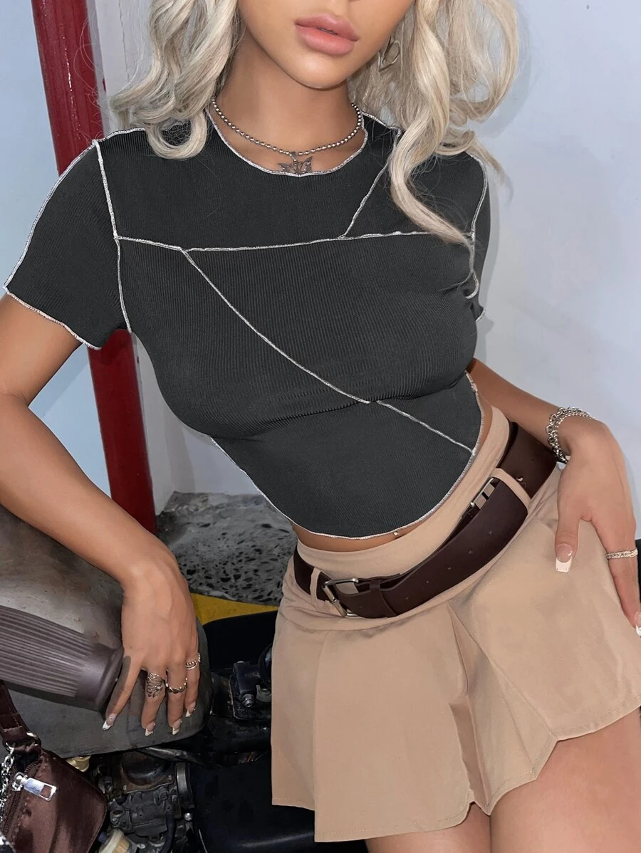 SHEIN ICON Top-stitching Curved Hem Crop Tee - Dark Grey - View 1